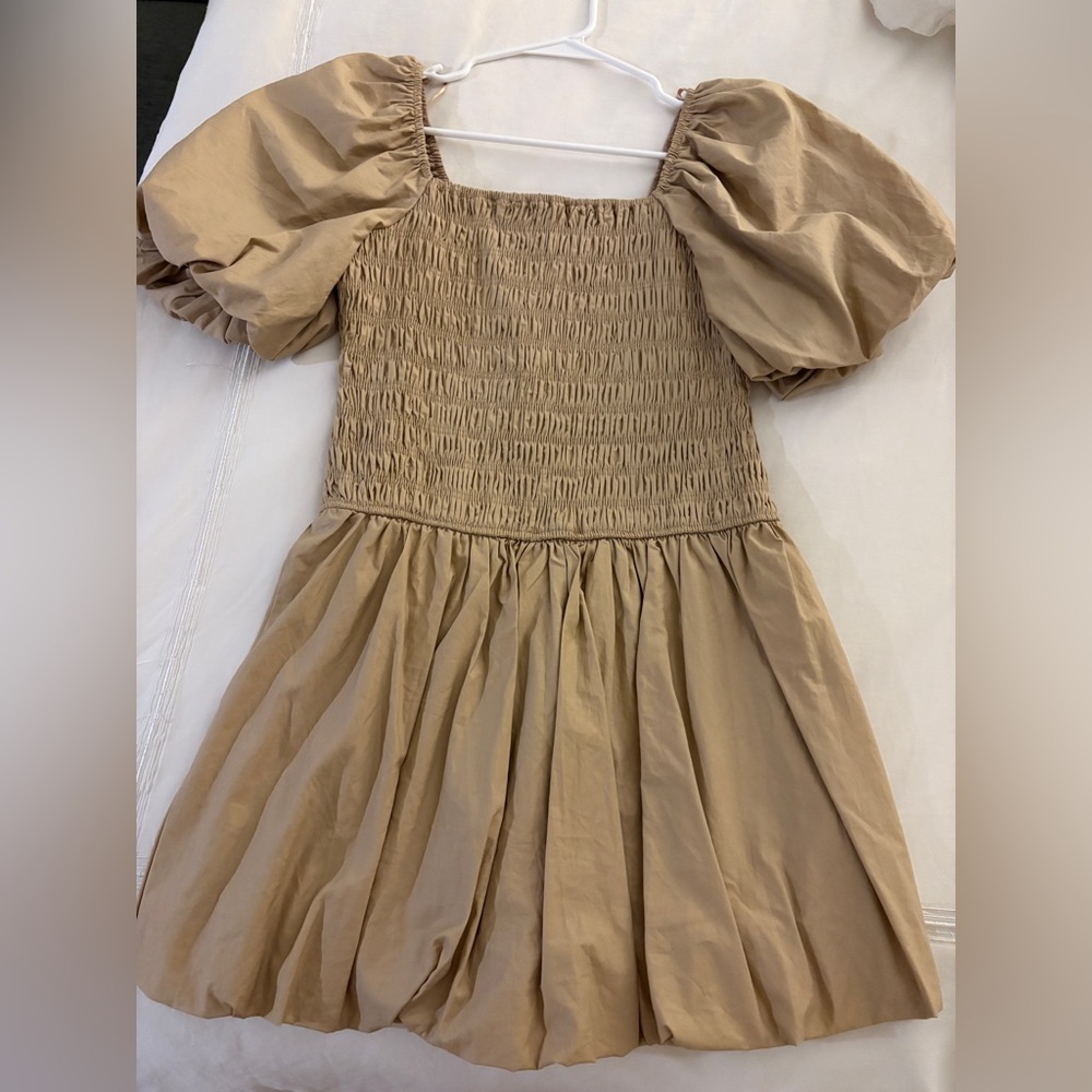 Endless Rose Tan Ruched Puff Sleeve Mini Dress